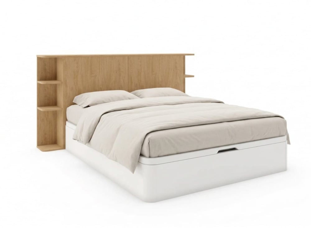 Lit coffre 160x200 avec tête de lit Blanc et Chêne