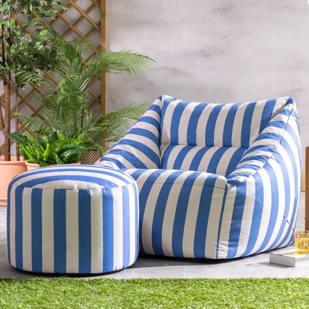 Pouf fauteuil et repose-pieds rond en tissu tissé rayé bleu cobalt