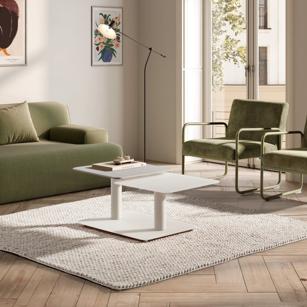 Table basse pivotante avec plateaux en verre l114 cm - travertin