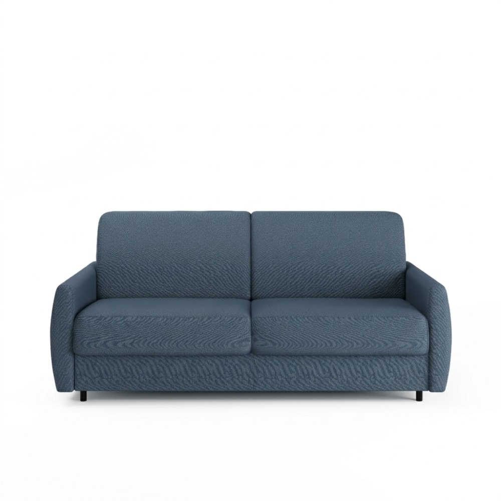 Canapé convertible en tissu bleu, matelas 140x190 épaisseur 13 cm