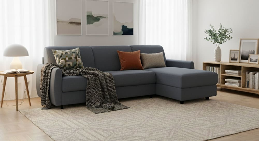 Canapé d'angle convertible en tissu polyester bleu, matelas 140x190