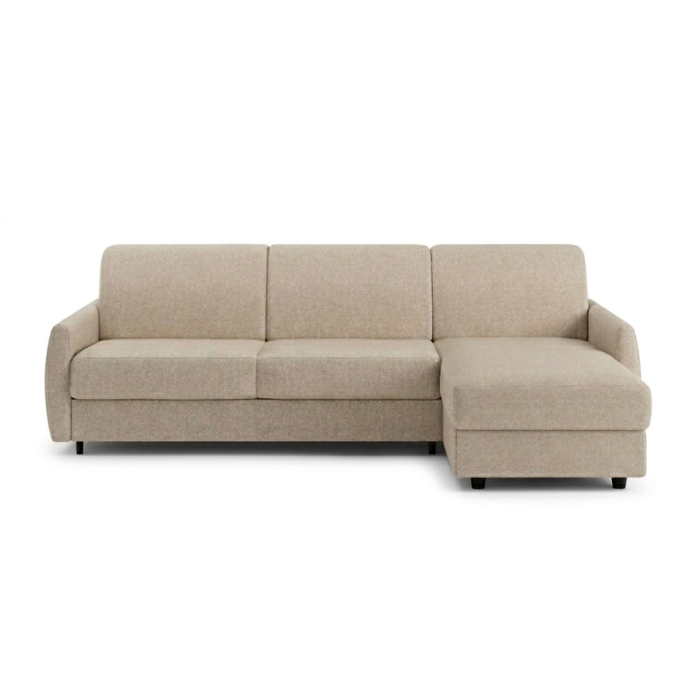 Canapé d'angle convertible en tissu beige, matelas 140x190