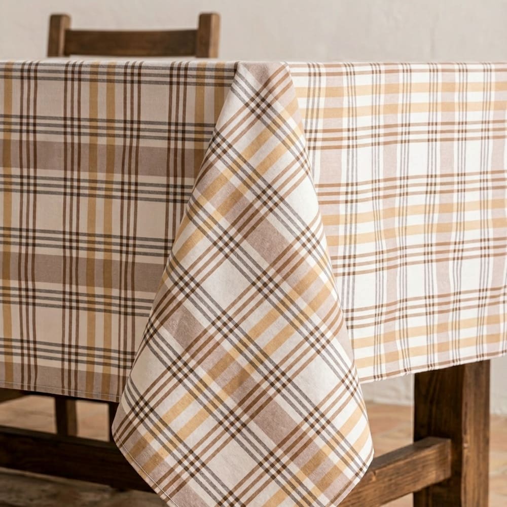 Karierte abwaschbare Tischdecke, Beige 140x140 cm - Maisons Du