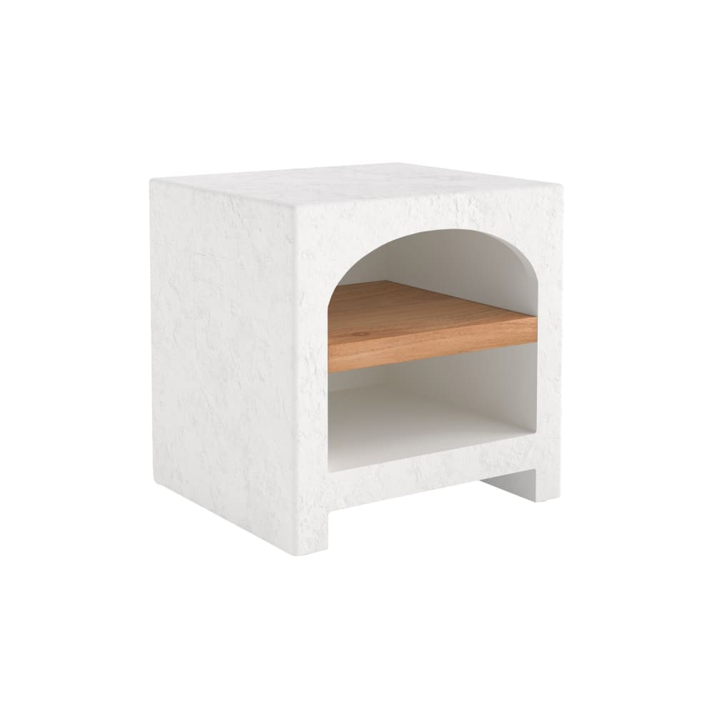 Table de chevet en plâtre blanc cassé et bois d'acacia