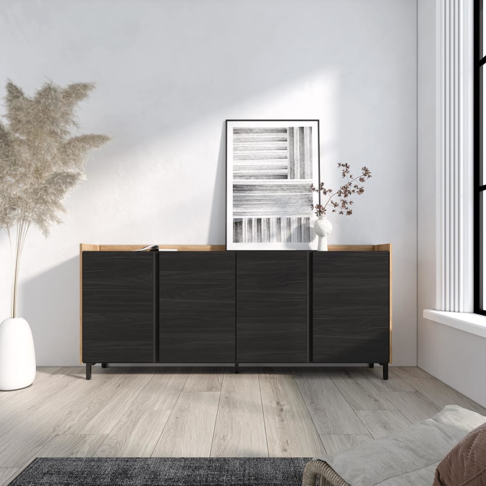 Skraut home Sideboard Holzeffekt schwarz und eiche 207x35x91cm mit Beinen style modern - Spanplatte