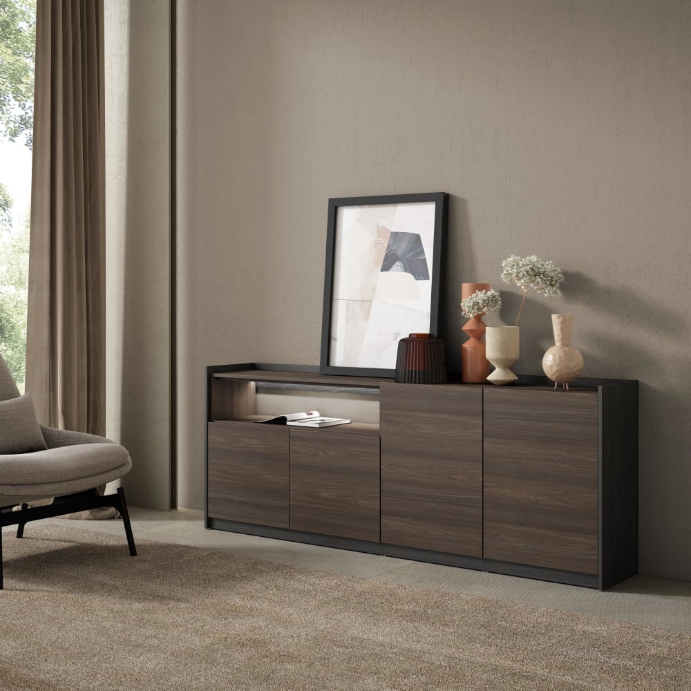 Skraut home Sideboard Holzeffekt dunkler eiche und schwarz 207x37x80cm mit Led style modern Braun Spanplatte
