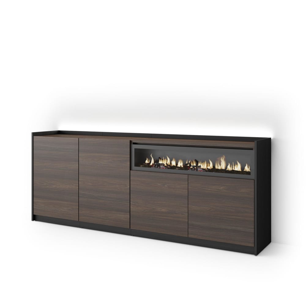 Buffet effet bois de chêne et noir 207x37x80cm cheminée effet feu