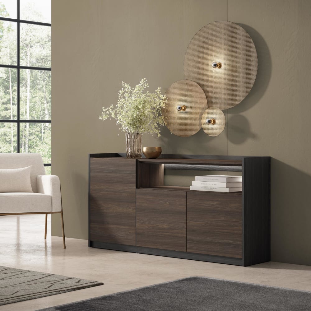Skraut home Sideboard Holzeffekt dunkler eiche und schwarz 156x37x80cm mit Led style modern Braun Spanplatte