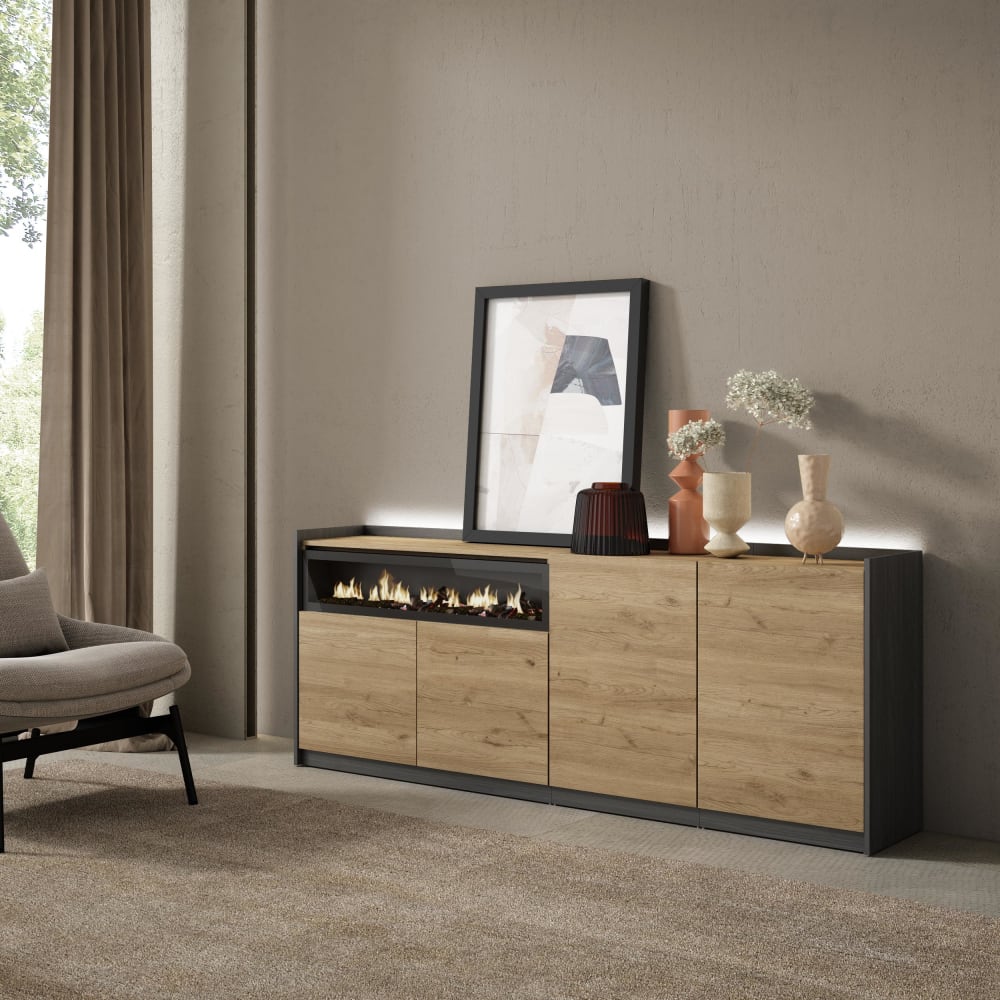 Skraut home Sideboard Holzeffekt eiche schwarz 207x37x80cm Kamin mit Feuereffekt style modern Beige Spanplatte