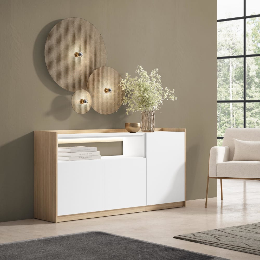 Skraut home Sideboard Holzeffekt weiß und eiche 156x37x80cm mit Led style modern - Spanplatte