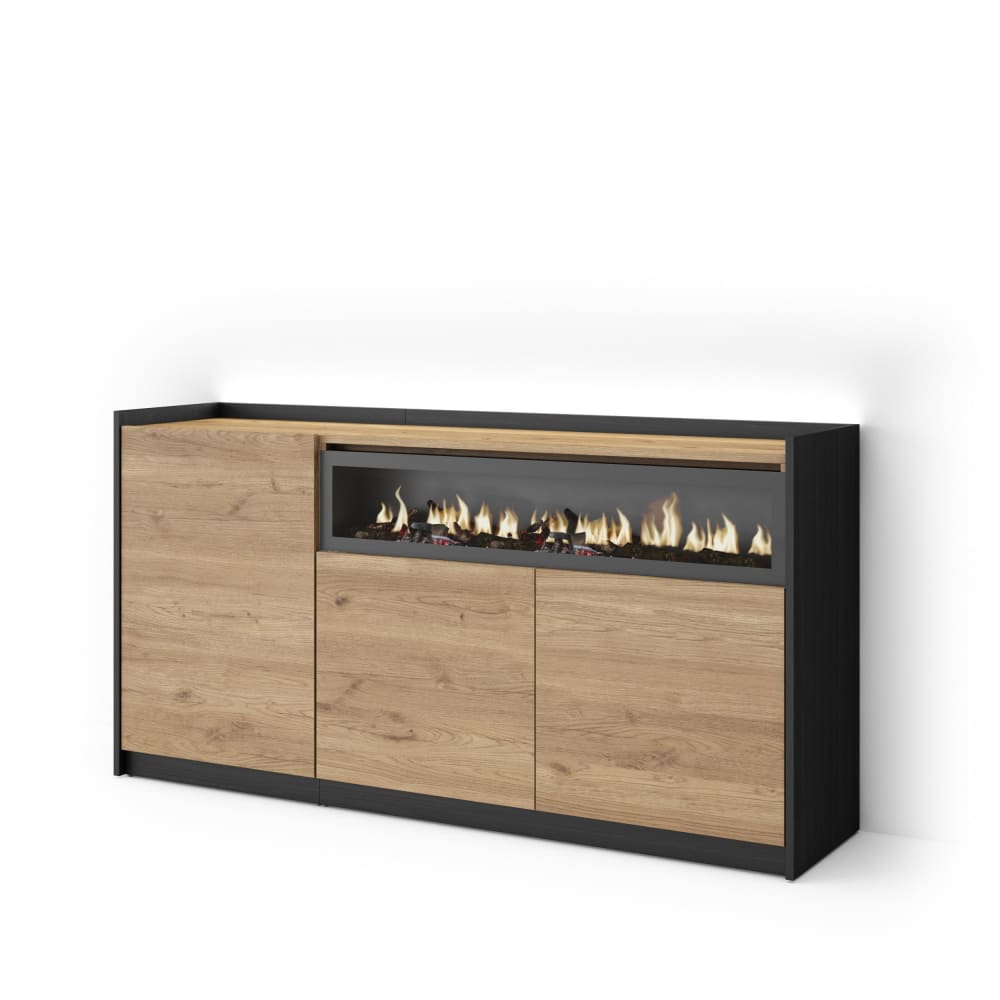 Buffet effet bois de chêne et noir 156x37x80cm cheminée effet feu