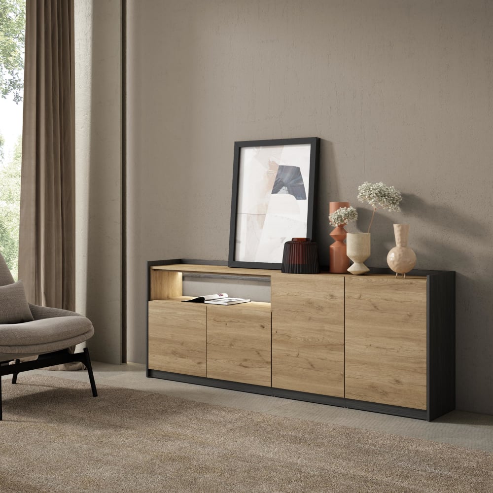 Skraut home Sideboard Holzeffekt eiche und schwarz 207x37x80cm mit Led style modern Beige Spanplatte
