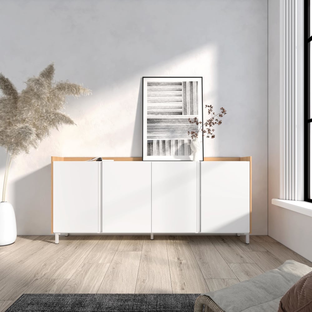 Skraut home Sideboard Holzeffekt weiß und eiche 207x35x91cm mit Beinen style modern - Spanplatte