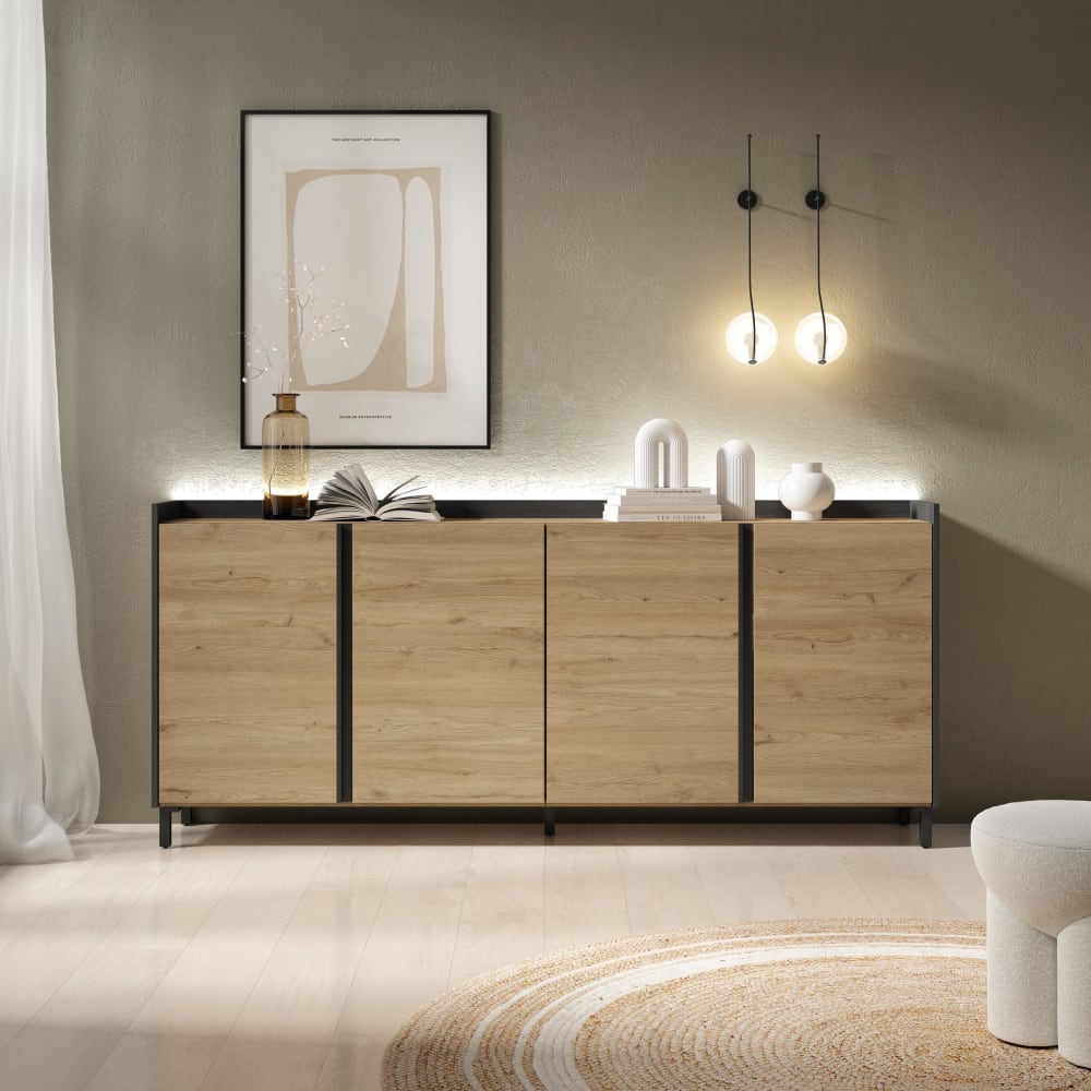 Skraut home Sideboard Holzeffekt eiche und schwarz 207x35x91cm mit Beinen style modern Beige Spanplatte