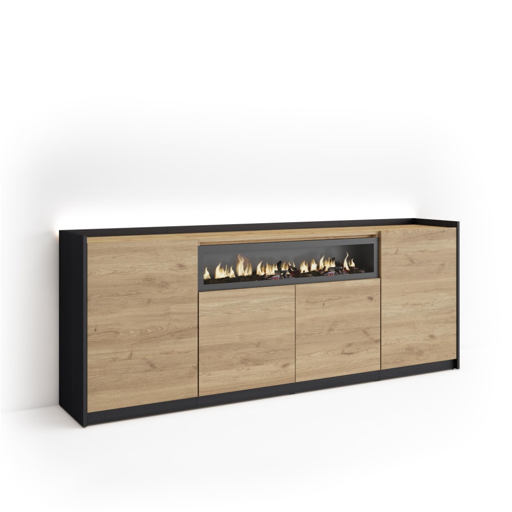Buffet effet bois de chêne et noir 207x37x80cm cheminée effet feu