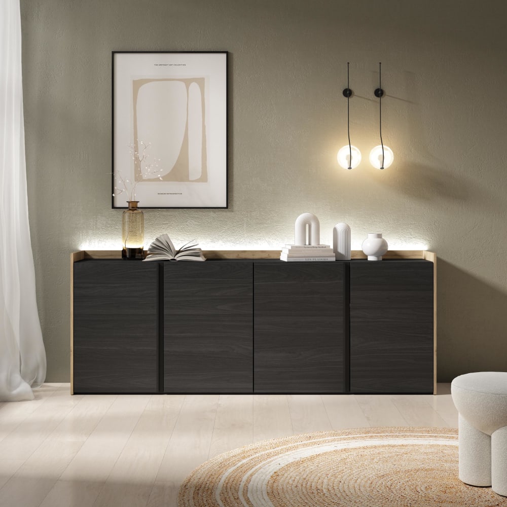 Skraut home Sideboard Holzeffekt schwarz und eiche 207x35x80cm mit Led style modern Mehrfarbig Spanplatte