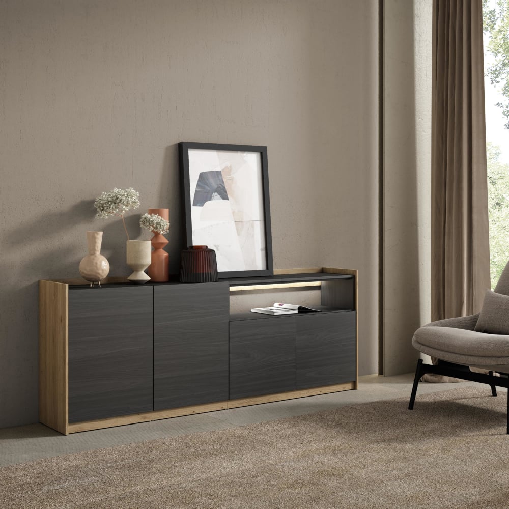 Skraut home Sideboard Holzeffekt schwarz und eiche 207x37x80cm mit Led style modern - Spanplatte