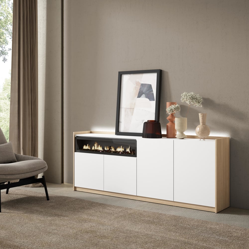 Skraut home Sideboard Holzeffekt weiß und eiche 207x37x80cm Kamin mit Feuereffekt style modern - Spanplatte