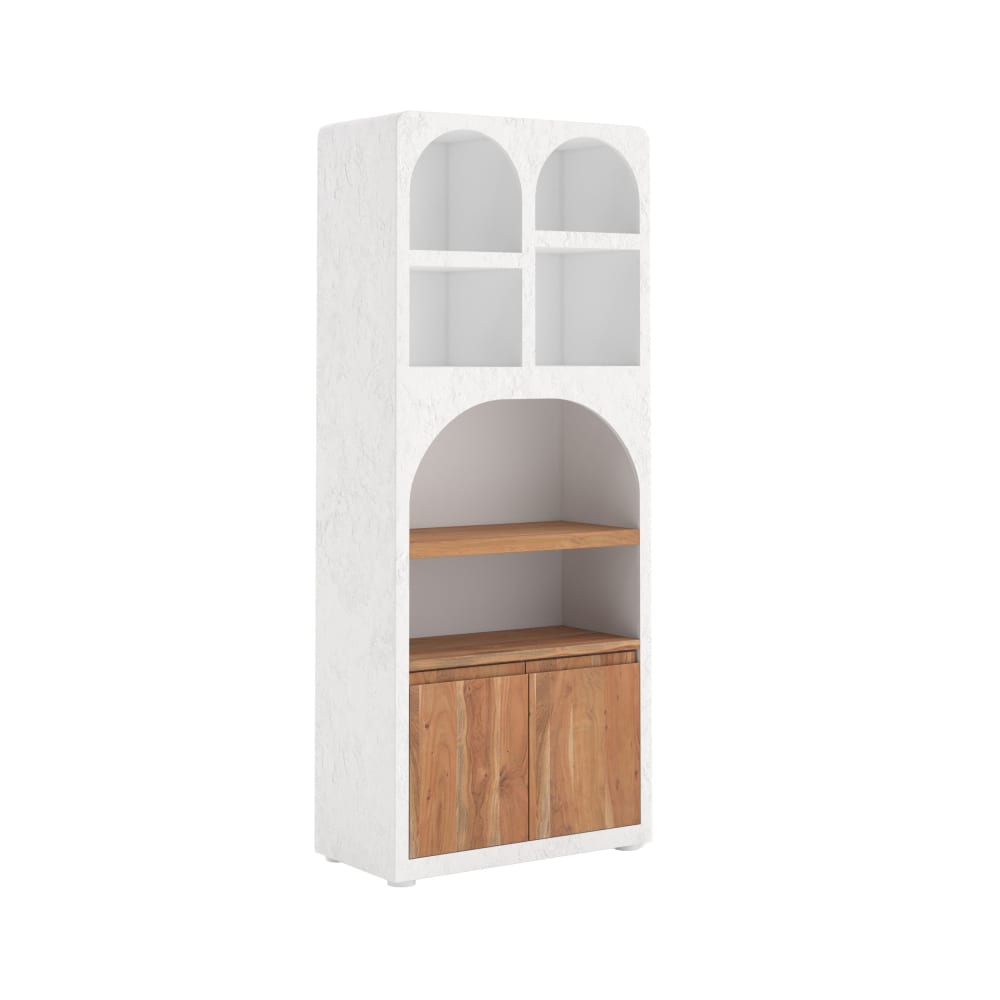Bibliothèque en plâtre blanc cassé et bois d'acacia