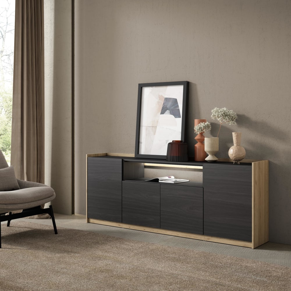 Skraut home Sideboard Holzeffekt schwarz und eiche 207x37x80cm mit Led style modern - Spanplatte