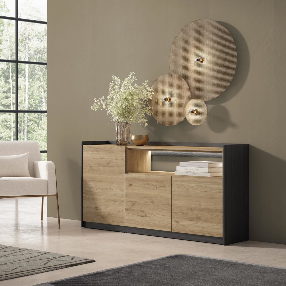 Skraut home Sideboard Holzeffekt eiche und schwarz 156x37x80cm mit Led style modern Beige Spanplatte