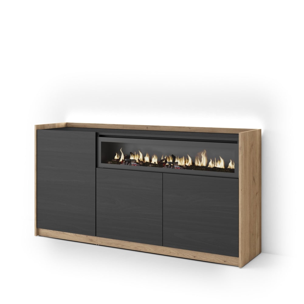 Buffet effet bois noir et chêne 156x37x80cm cheminée effet feu