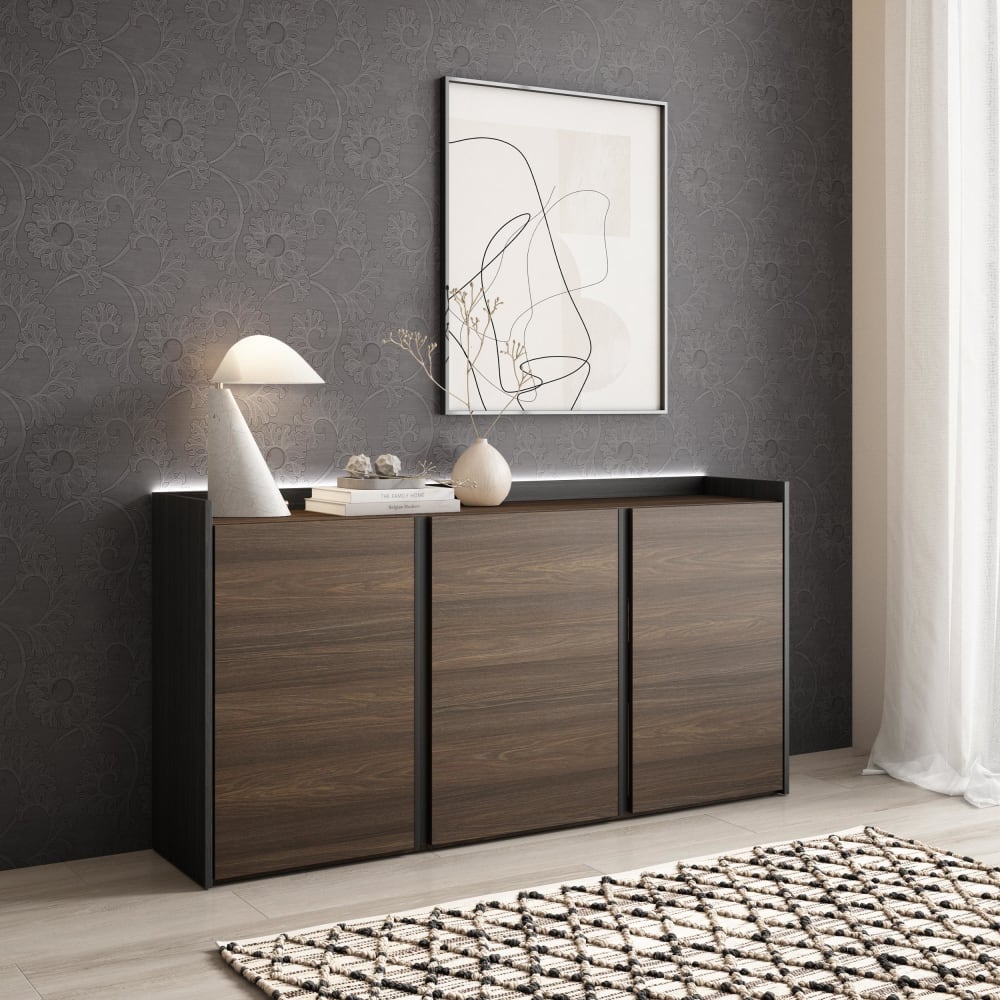 Buffet effet bois de chêne foncé et noir 156x35x80cm avec led