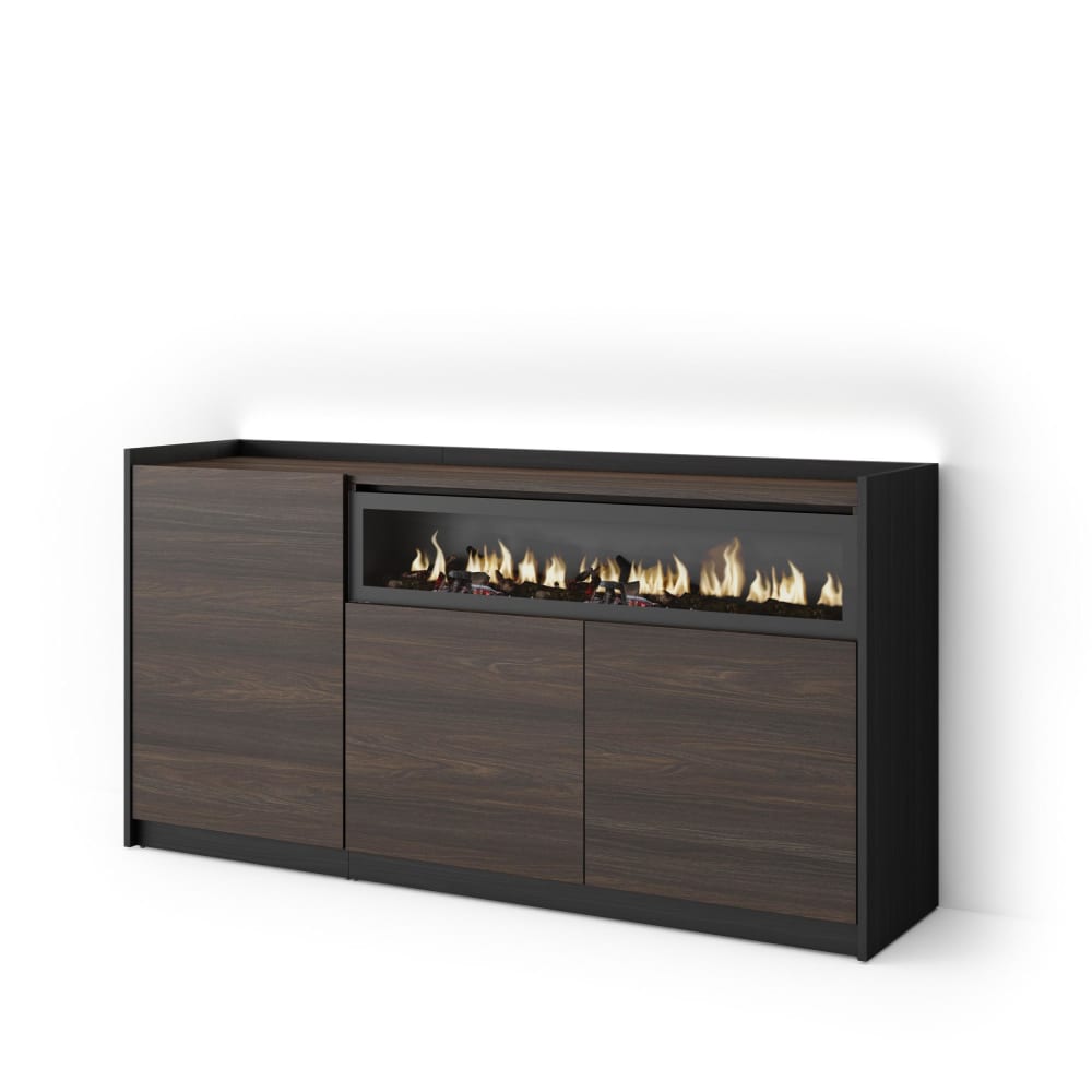Buffet effet bois de chêne et noir 156x37x80cm cheminée effet feu