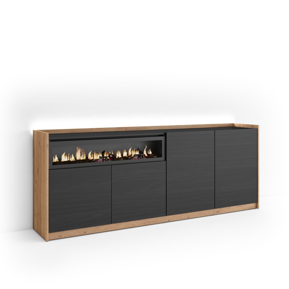 Buffet effet bois noir et chêne 207x37x80cm cheminée effet feu