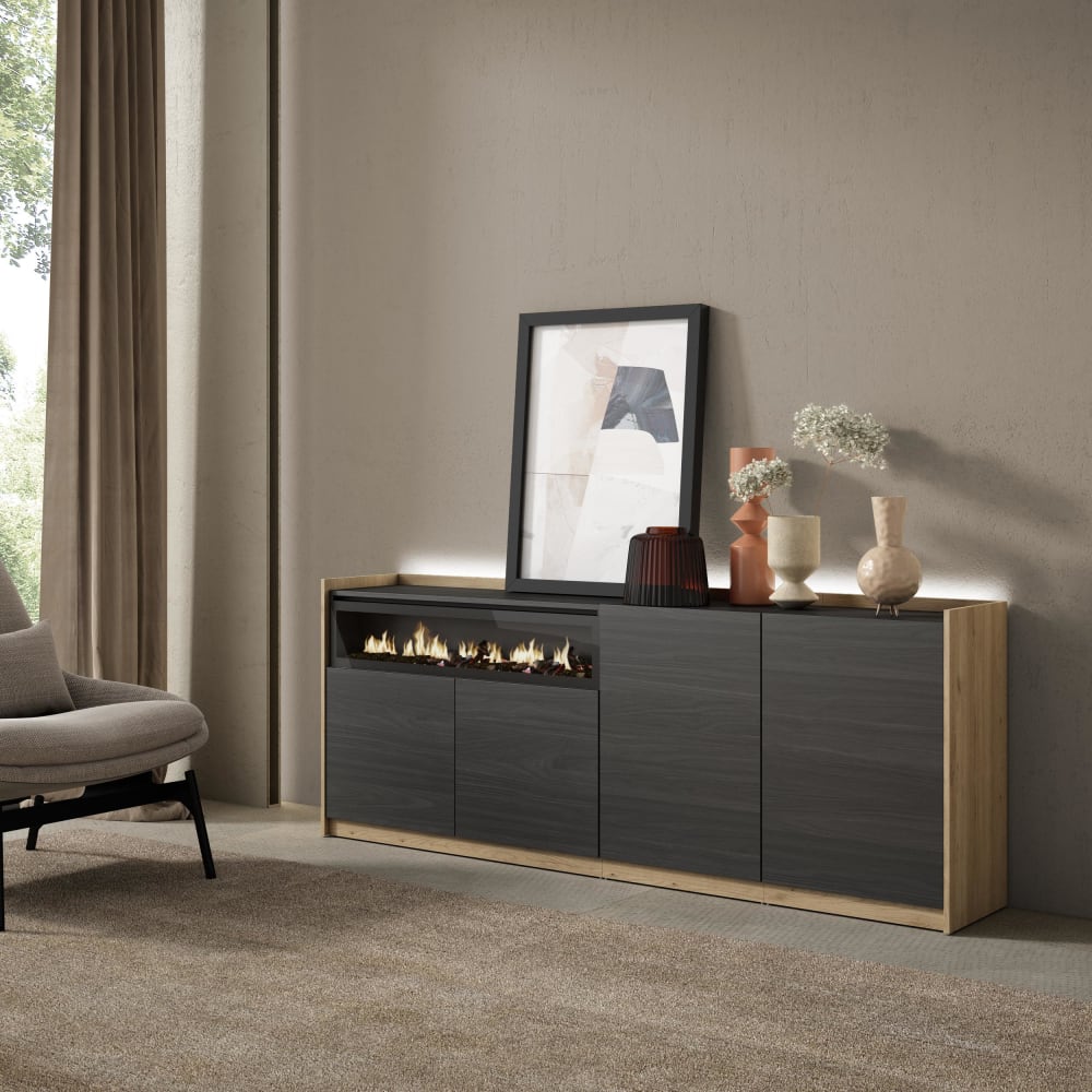 Skraut home Sideboard Holzeffekt schwarz eiche 207x37x80cm Kamin mit Feuereffekt style modern - Spanplatte