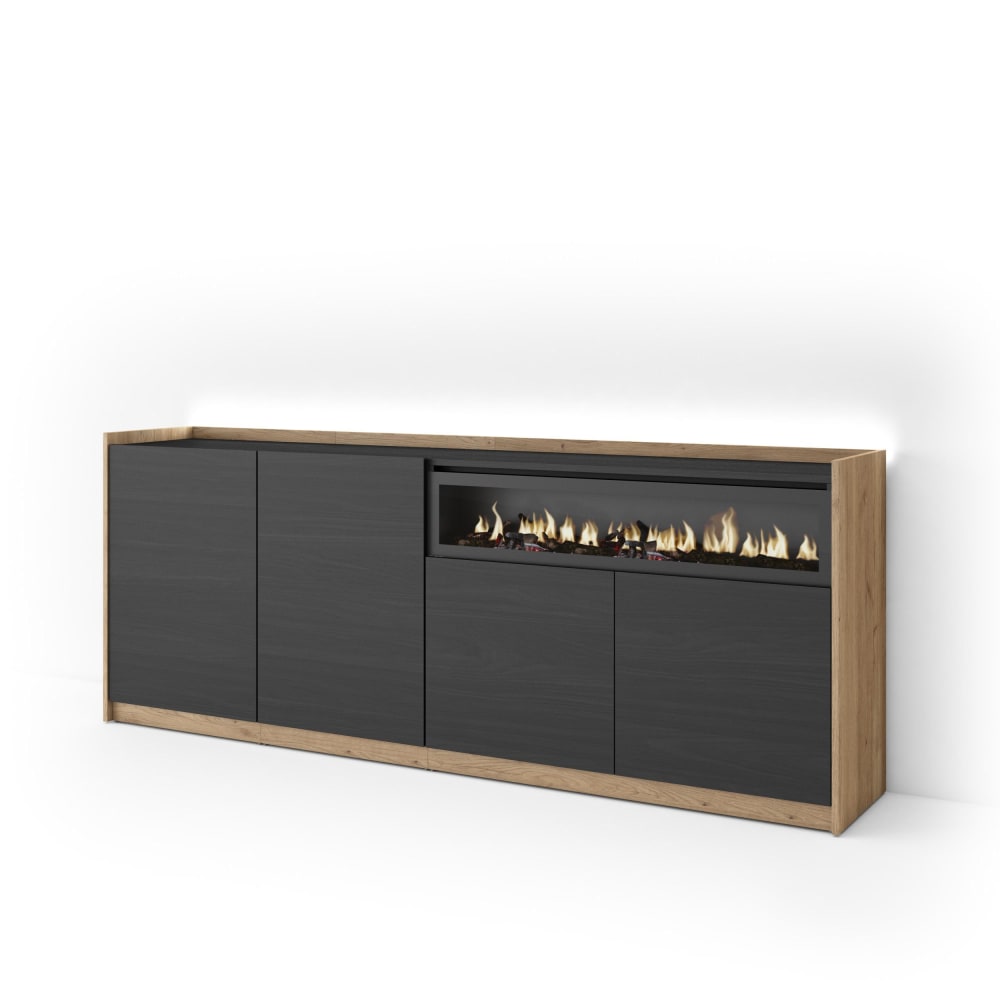 Buffet effet bois noir et chêne 207x37x80cm cheminée effet feu
