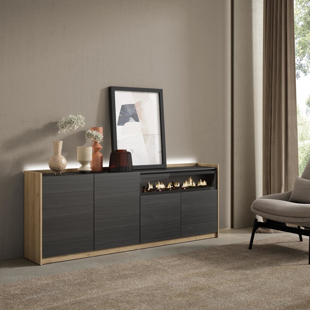 Skraut home Sideboard Holzeffekt schwarz eiche 207x37x80cm Kamin mit Feuereffekt style modern - Spanplatte