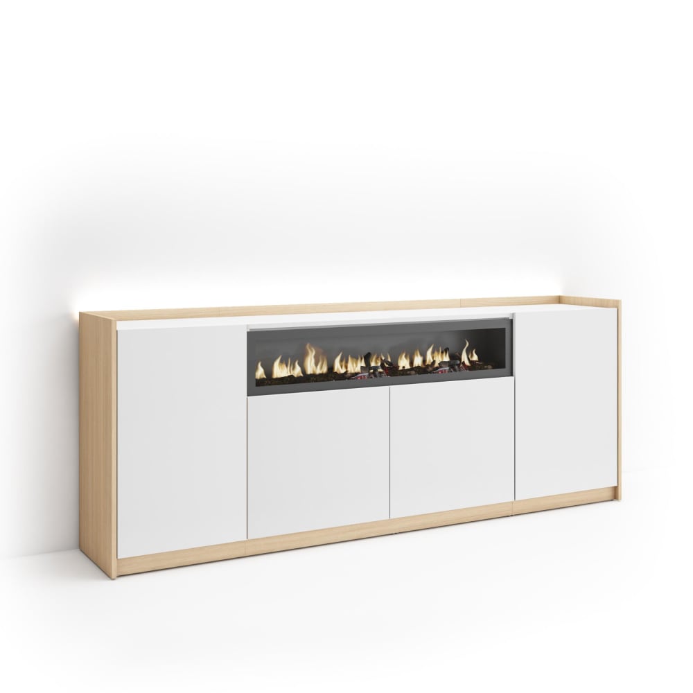 Buffet effet bois blanc et chêne 207x37x80cm cheminée effet feu