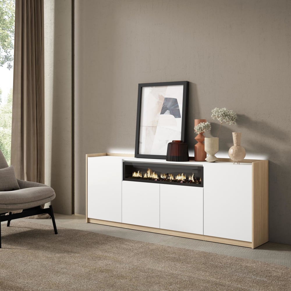 Skraut home Sideboard Holzeffekt weiß und eiche 207x37x80cm Kamin mit Feuereffekt style modern - Spanplatte