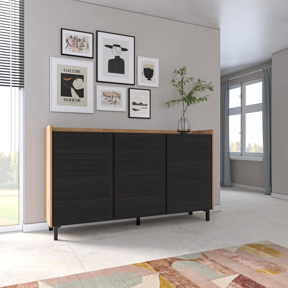 Skraut home Sideboard Holzeffekt schwarz und eiche 156x35x91cm mit Beinen style modern - Spanplatte