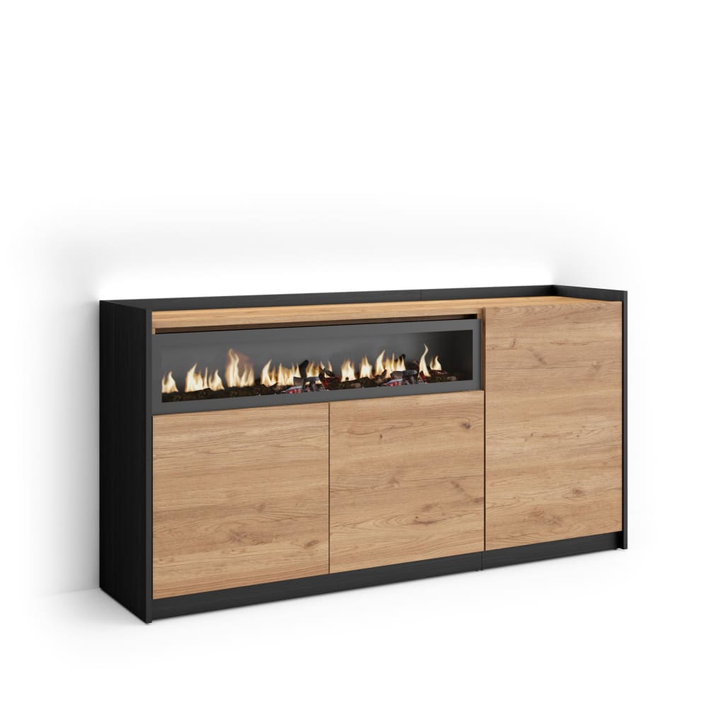 Buffet effet bois de chêne et noir 156x37x80cm cheminée effet feu