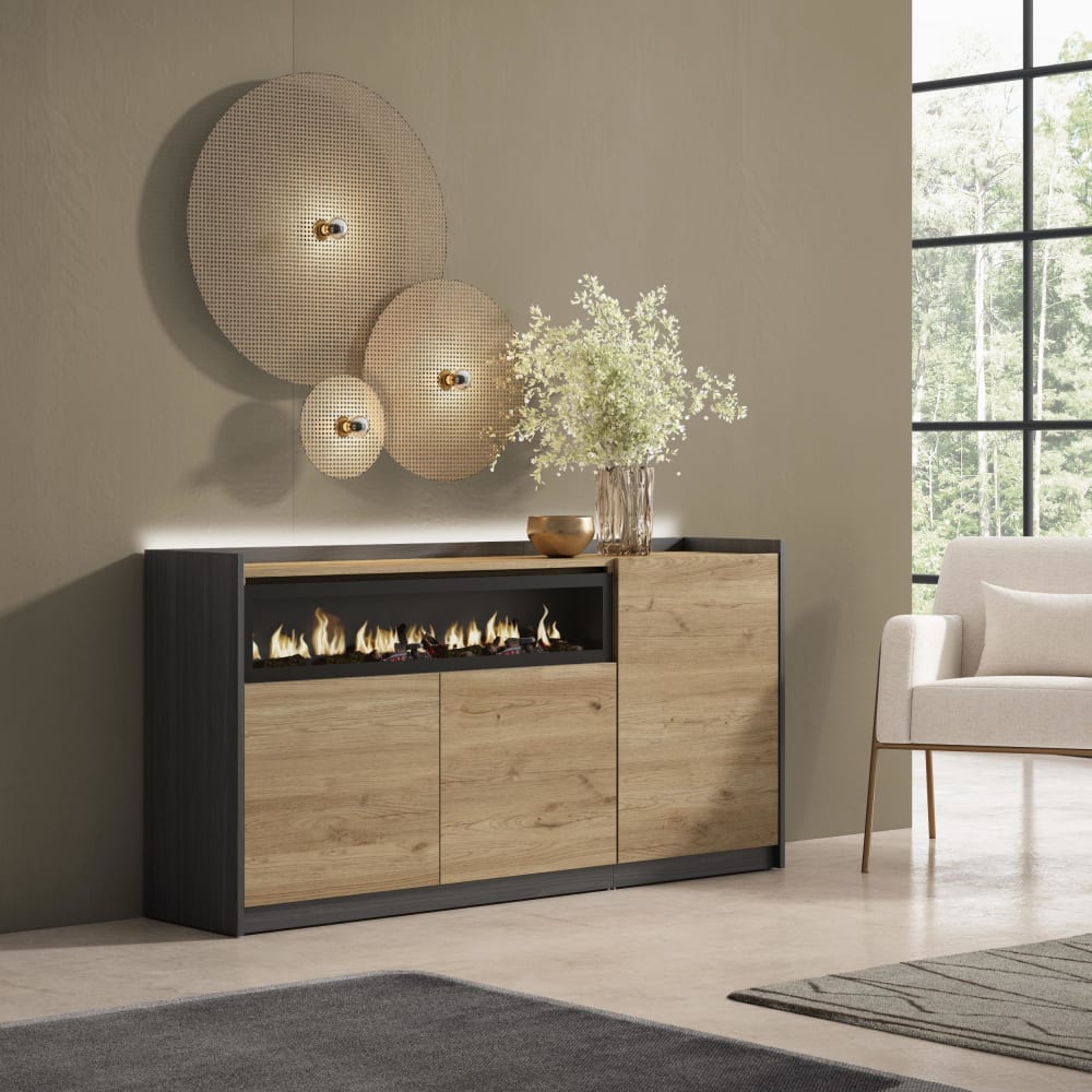 Skraut home Sideboard Holzeffekt eiche schwarz 156x37x80cm Kamin mit Feuereffekt style modern Beige Spanplatte