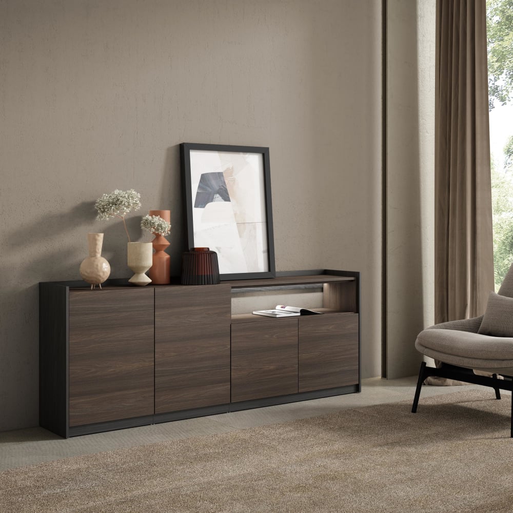 Skraut home Sideboard Holzeffekt dunkler eiche und schwarz 207x37x80cm mit Led style modern Braun Spanplatte
