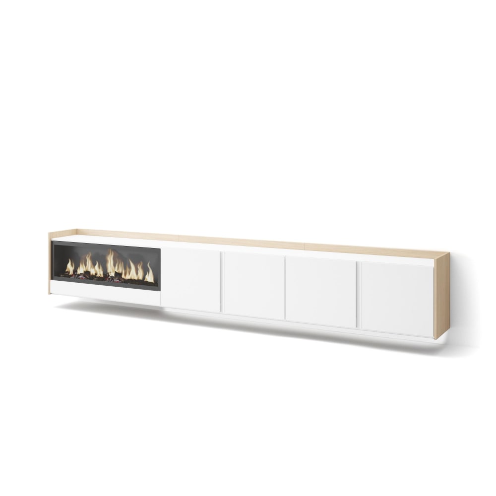 Meuble tv effet bois blanc et chêne 315x35x50cm cheminée effet feu XXL