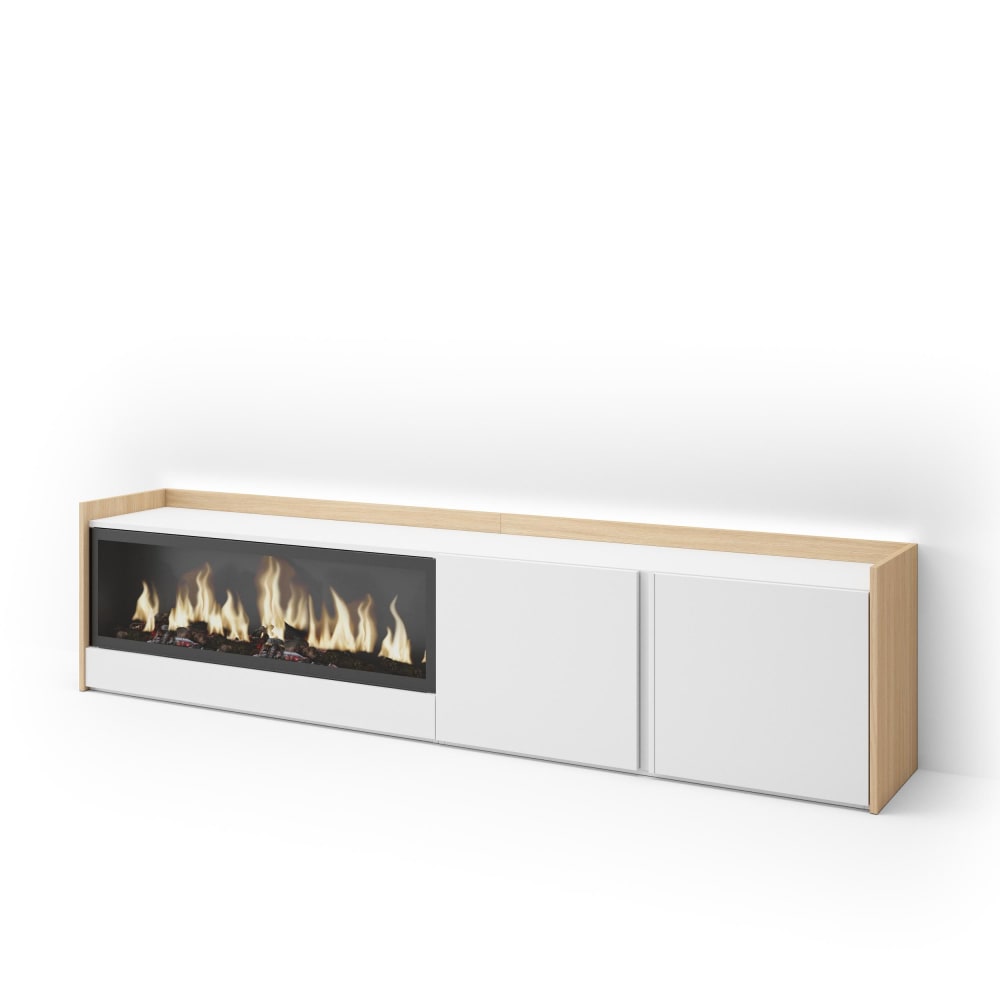 Meuble tv effet bois blanc et chêne 212x35x50cm cheminée effet feu XXL