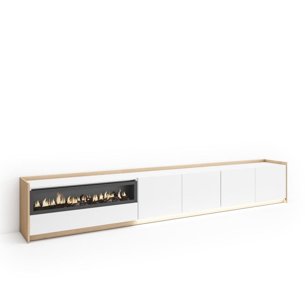 Meuble tv effet bois blanc et chêne 310x37x50cm cheminée effet feu