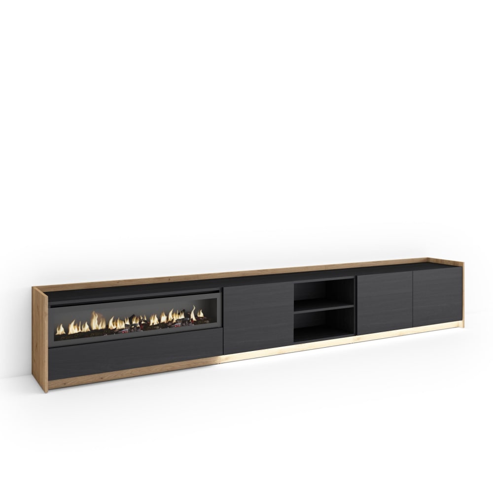 Meuble tv effet bois noir et chêne 310x37x50cm cheminée effet feu