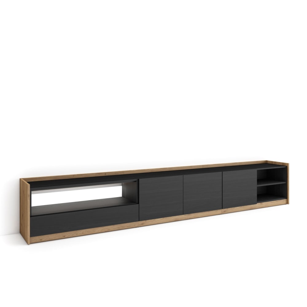 Meuble tv effet bois noir et chêne 310x37x50cm avec led
