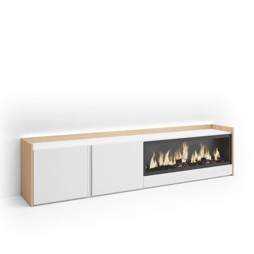 Meuble tv effet bois blanc et chêne 212x35x50cm cheminée effet feu XXL
