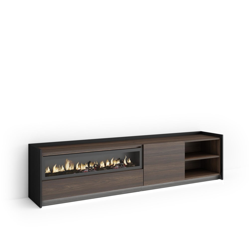 Meuble tv effet bois de chêne et noir 207x37x50cm cheminée effet feu