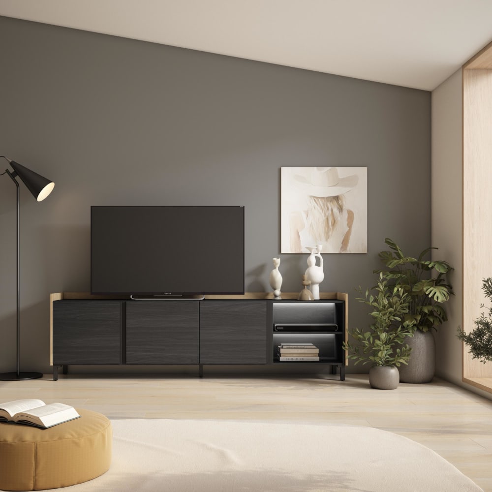 Meuble tv effet bois noir et chêne 207x35x61cm avec pieds
