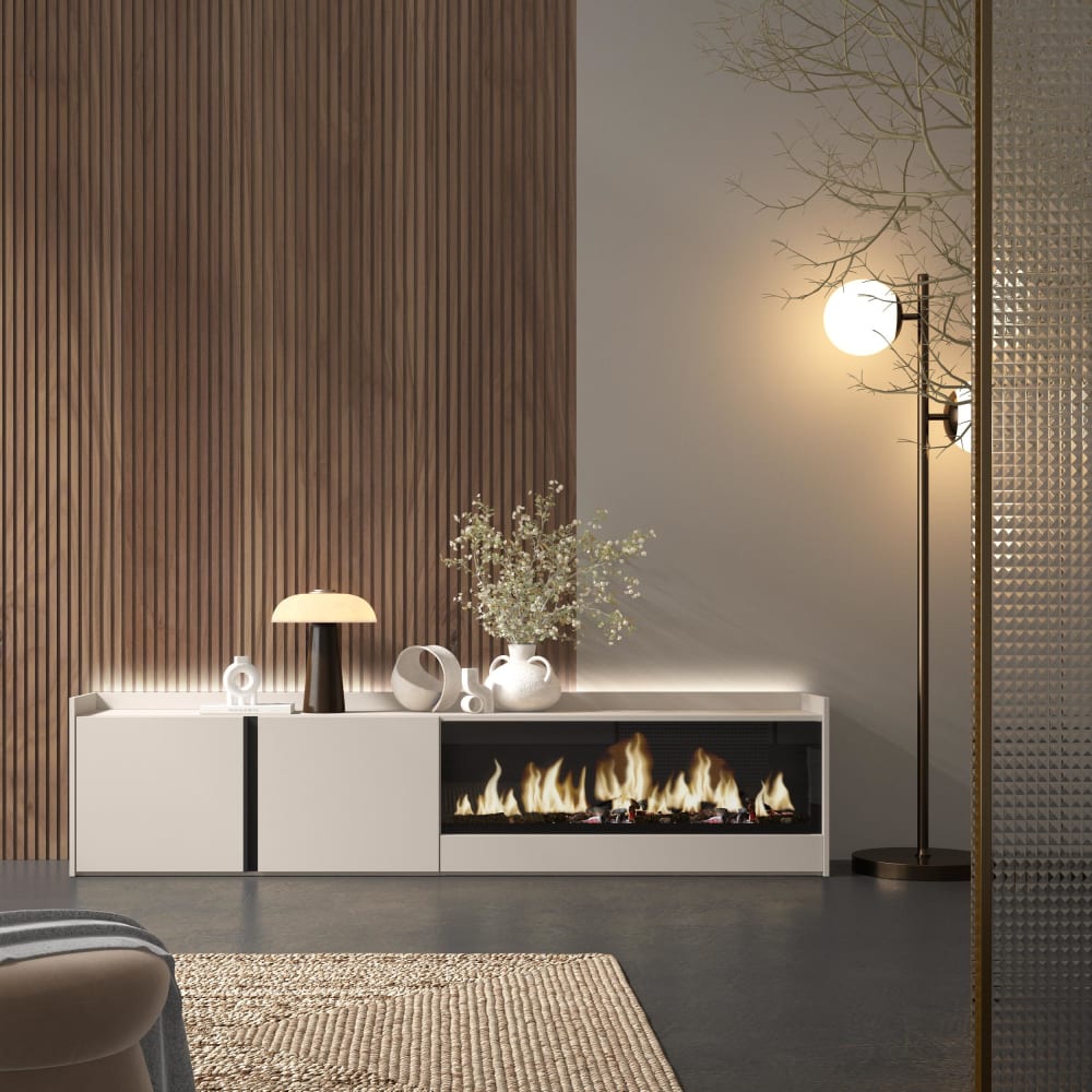 Skraut home TV-Möbel Holzeffekt beige 212x35x50cm Kamin mit Feuereffekt XXL style modern - Spanplatte