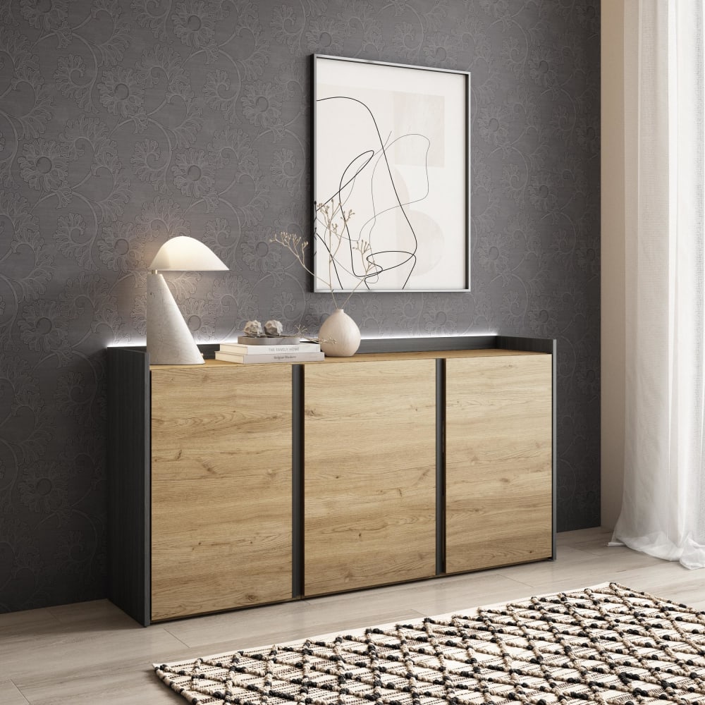 Skraut home Sideboard Holzeffekt eiche und schwarz 156x35x80cm mit Led style modern Beige Spanplatte