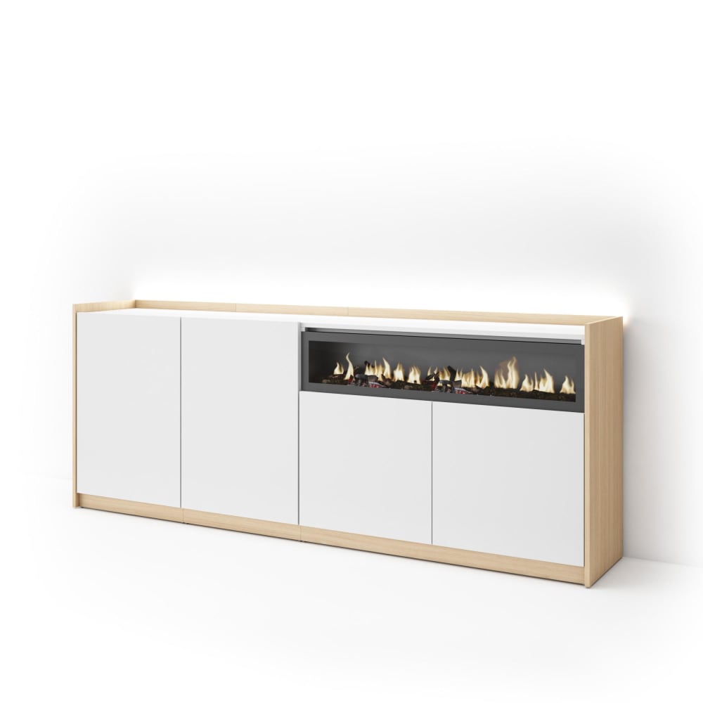 Buffet effet bois blanc et chêne 207x37x80cm cheminée effet feu