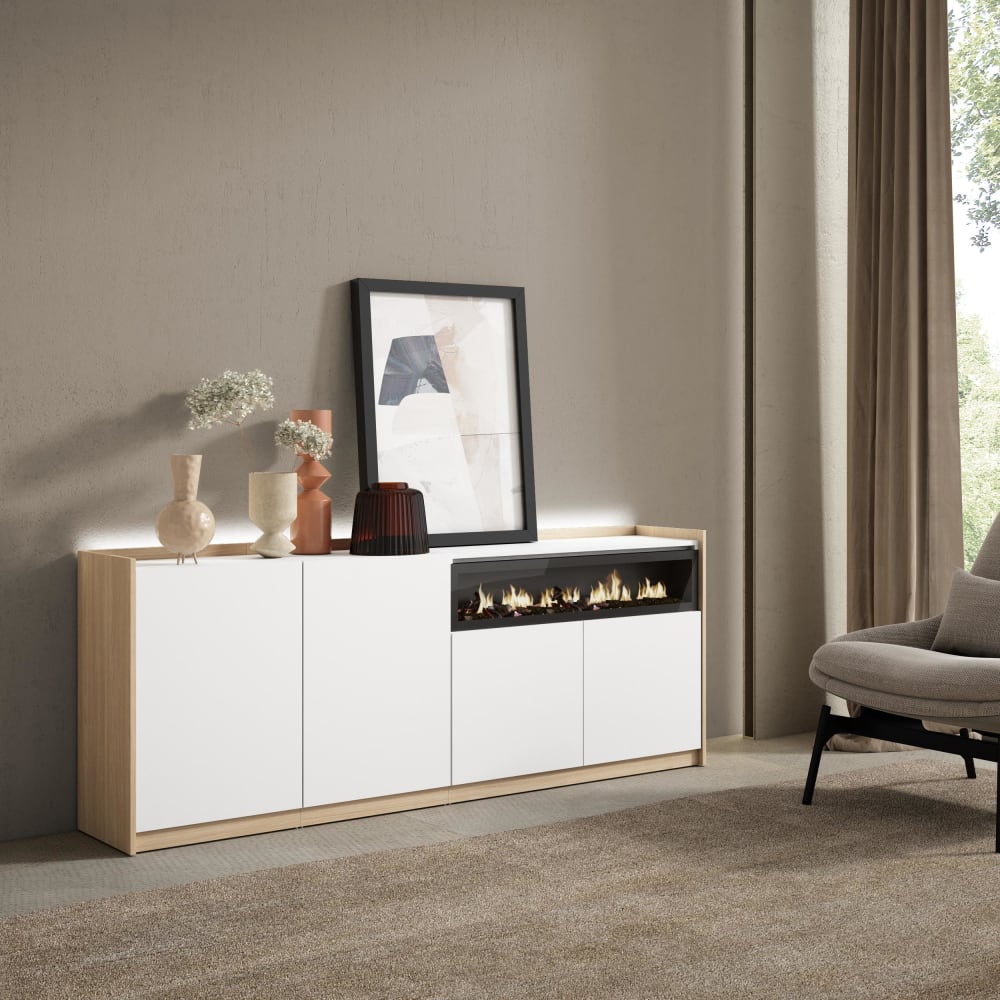 Skraut home Sideboard Holzeffekt weiß und eiche 207x37x80cm Kamin mit Feuereffekt style modern - Spanplatte